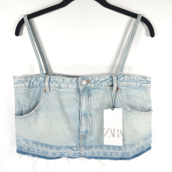 NWT ZARA Skirt Effect Crop Denim Spaghetti Straps Jean Tank Top 5252/201 Sz M - Picture 4 of 15
